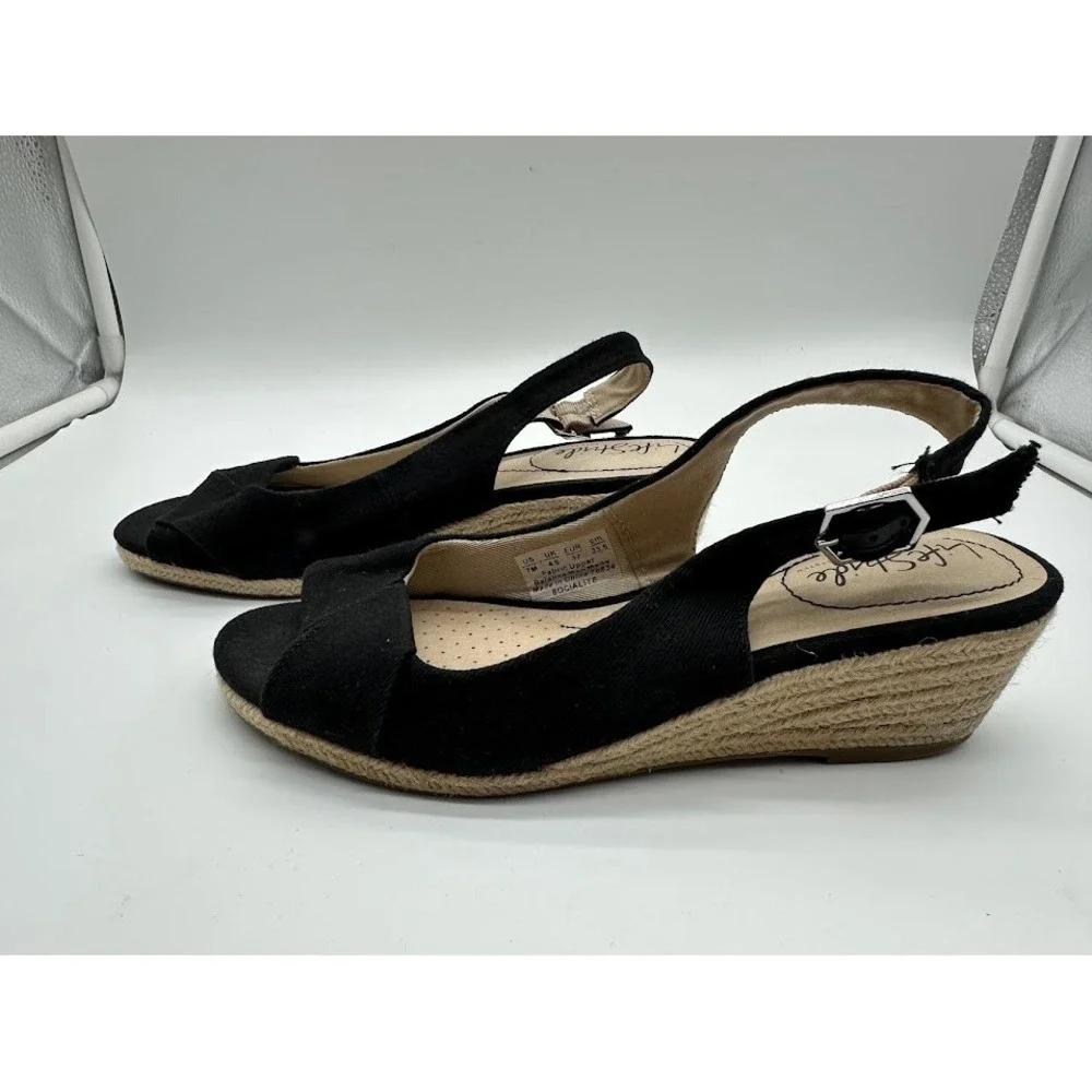 LifeStride‎ Socialite Women Black Fabric Espadrille Wedge Slingback Sandals 7M